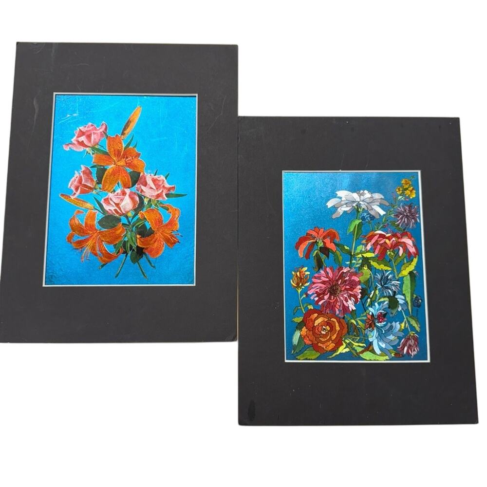 Vintage Foil Art Flowers Blue Background Set of Two Prints With Matte